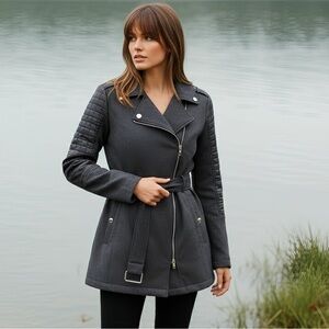 Michael Kors Women’s Greyed Blue | moto zip quilted-sleeve belted jacket coat M